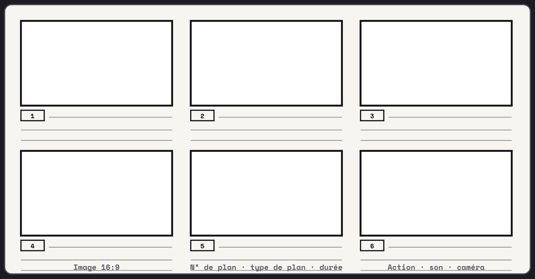 Feuille de storyboard vidéo avec six cases au format 16:9 et des lignes de notes