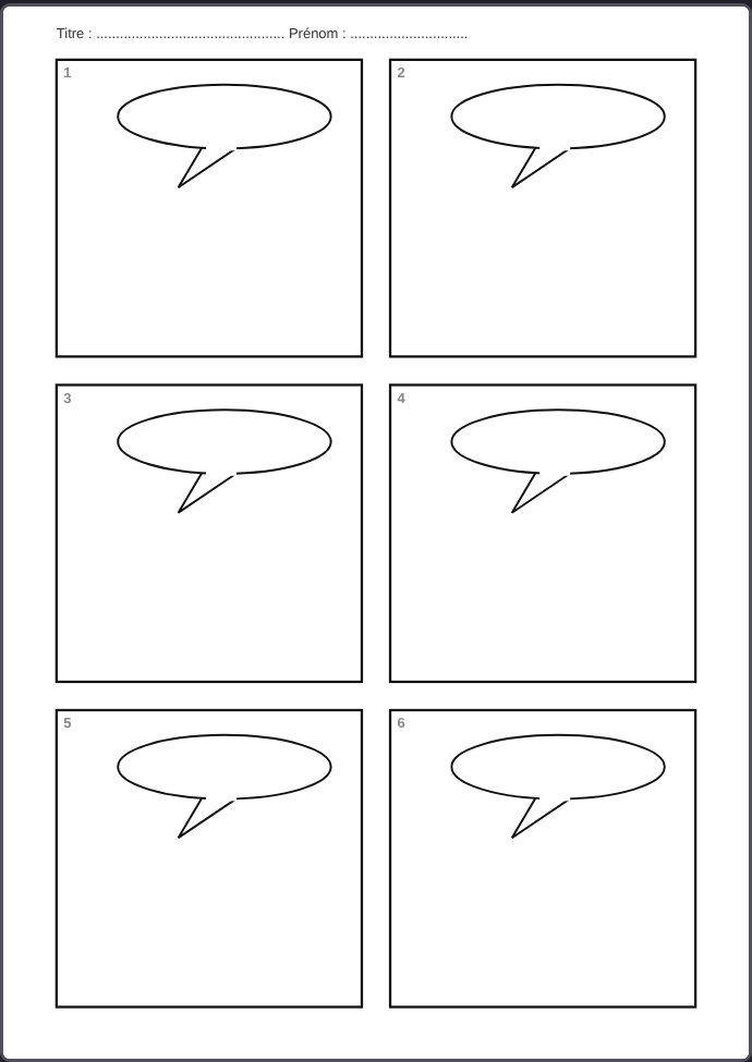 Planche A4 de six cases avec une bulle vide dans chaque case