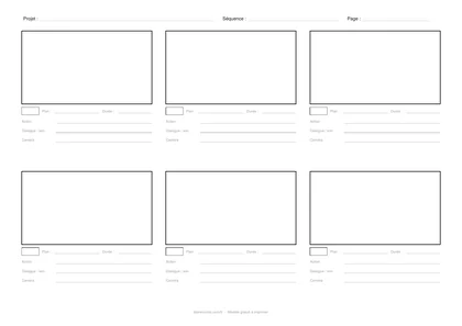 Aperçu du modèle « Storyboard vidéo, 6 cases 16:9 », PDF A4 gratuit à imprimer